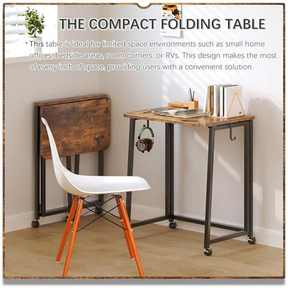 4NM 23.6" Mobile Small Folding Desk, Foldable Rolling Computer Home Office Desk, Study Writing Table for Small Space Saving Bedroom, with Wheels - Rustic Brown and Black - color: Rustic Brown and Black, size: 23.6"W x 15.7"D