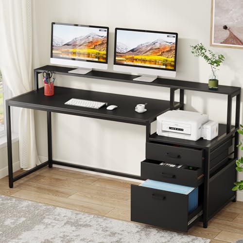 Tribesigns 63 Inch Computer Desk with File Drawer Cabinet, Home Office Desk - color: Black