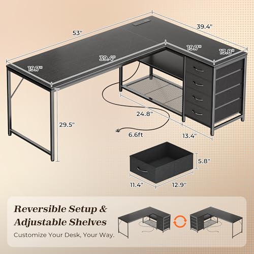 PRAISUN 53" L Shaped Desk with Power Outlets & 4 Drawers | Reversible Computer Desk with 2 Storage Shelves, Large Corner Office Desk for Gaming Writing Work Study, Black - color: Black, size: 53 Inch