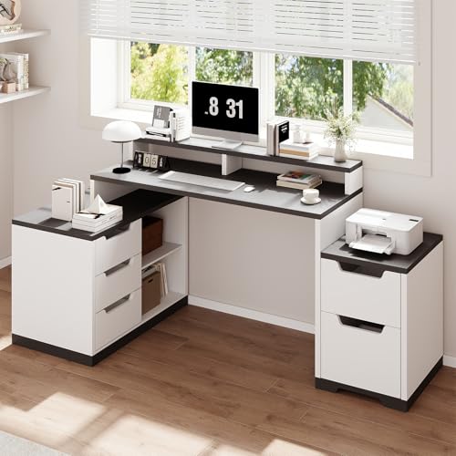 MaverickFurni L Shaped Desk with Drawers and Shelves, Home Office Desk with File Drawer for Work Writing Study, Corner Desk with Monitor Stand and Printer Shelf, White and Black