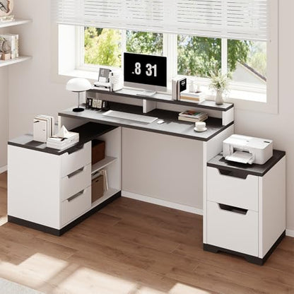 MaverickFurni L Shaped Desk with Drawers and Shelves, Home Office Desk with File Drawer for Work Writing Study, Corner Desk with Monitor Stand and Printer Shelf, White and Black