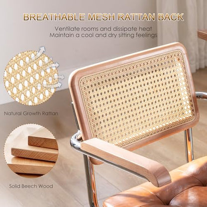 Zesthouse Leather Office Desk Chair with Wheels, Mid Century Rolling Desk Chair with Wood Arm & Natural Rattan Back, Modern Swivel Home Office Chair, Small Height Adjustable Computer Task Chair, Brown - color: Brown, size: Armrest