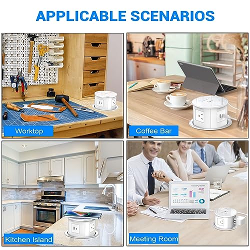 XBA Pop Up Outlet with 15W Wireless Charger, 4 AC Plug 1 USB-A and 1 USB-C, Electrical Desk Power Grommet for Kitchen Countertop, 4-3/4'' Hidden Recessed Power Strip for Home Office (White) - color: White