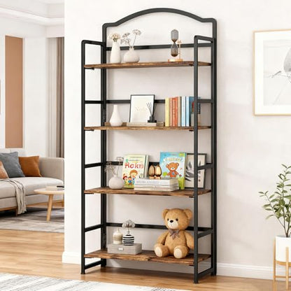 JSB 4 Tier No Assembly Folding Bookshelf, Arched Bookshelf, Foldable Bookcase for Living Room, Bedroom, Office,Skinny Bookshelf (Fire Brown) - color: Fire Brown, size: 4-Tier