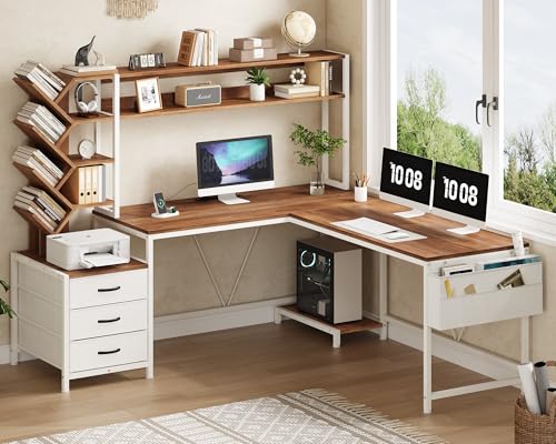 63" L Shaped Desk with Bookshelf, Drawers and Hutch for Home Office - color: Brown and White, size: 63" L Shaped Desk