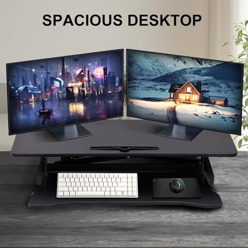 38-inch Standing Desk Converter Height Adjustable Sit to Stand Up Workstation, Duals Monitor and Laptop Riser with Wide Keyboard Tray, for Home, School, Company, Black - color: Black