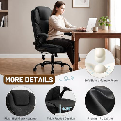 Ergonomic Office Chair, PU Leather High Back Executive Chair with Adjustable Inflatable Lumbar Support and Padded Flip-Up Arms, Recline Swivel Task Computer Chair for Home Office, Black - color: Black