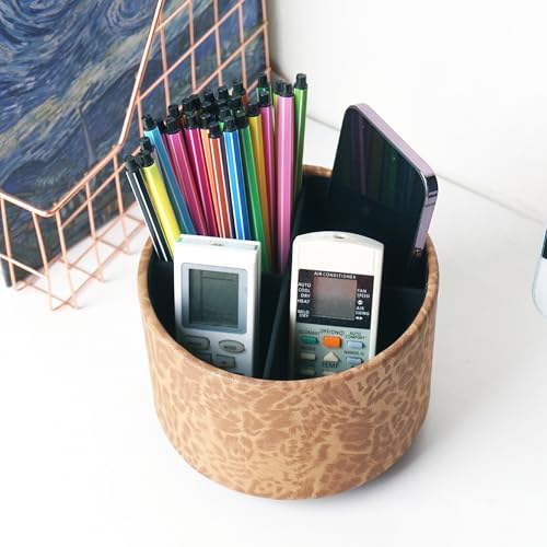 Round Leather Art Supply Organizer,Remote Control Holder,360 Degree Rotating,Multi-Functional Pencil Holder,4 Compartments Desktop Stationary Organizer(1-Leopard Brown) - color: 1-Leopard Brown