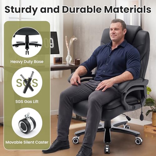 650lbs Big and Tall Office Chair for Heavy People,Ergonomic High Back PU Leather Computer Chair with Adjustable Lumbar Support,Comfy Executive Office Desk Chair with Wide Seat,Silent Wheels,Black