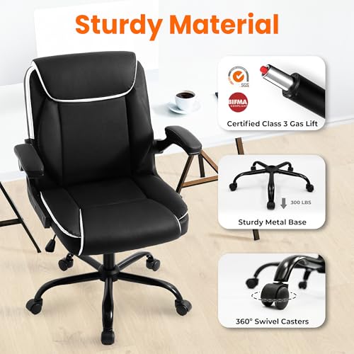 NEO CHAIR PU Leather Office Desk Chair with Adjustable Arms, Black White | Ergonomic Mid Back Computer Desk Chair Comfy with Wheels Swivel Rolling for Home Office Gaming Study - color: Black White