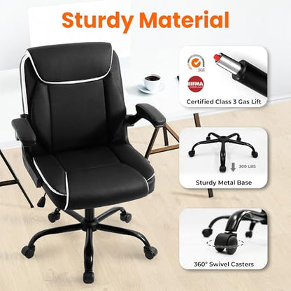 NEO CHAIR PU Leather Office Desk Chair with Adjustable Arms, Black White | Ergonomic Mid Back Computer Desk Chair Comfy with Wheels Swivel Rolling for Home Office Gaming Study - color: Black White