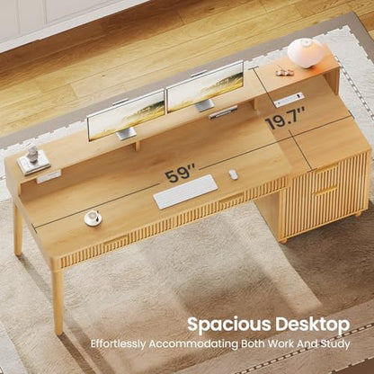 SEDETA 59" Computer Desk with 4 Storage Drawers, Fluted Wood Office Desk with File Drawer, LED Lights and Power Strip, Gaming Table Writing Desk for Home Office, Living Room, Bedroom, Oak - color: Oak
