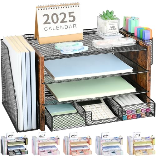 Desk Organizer, 4-Tier Desktop File Organizer with Drawer and Pen Holders, Office Desk Accessories, File Sorters, Workspace Organizers for Office Supplies(Brown Wood) - color: Brown Wood, size: 4T