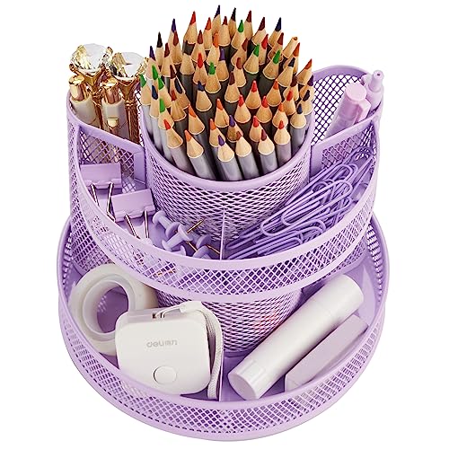 Annova Mesh Desk Organizer Rotate with 5 Compartments Round Spinning Tidy Candy/Pen Holder Desk Accessories Office, Art Supply, Storage, Classroom, Home (Light Purple) - color: Light Purple
