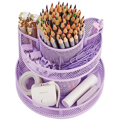Annova Mesh Desk Organizer Rotate with 5 Compartments Round Spinning Tidy Candy/Pen Holder Desk Accessories Office, Art Supply, Storage, Classroom, Home (Light Purple) - color: Light Purple