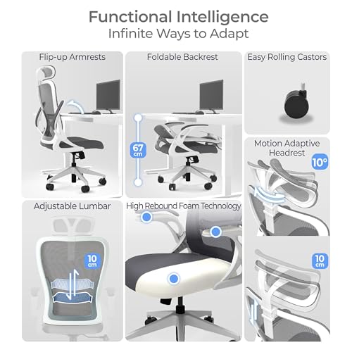 Tervo Model U - Folding Office Chair - Ergonomic Design for Small Spaces - color: H- White & Grey