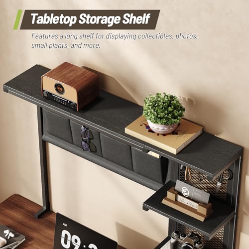 Clamp On Desk Shelf, 3-Tier Above Desk Extender with Pegboard & Hooks, Metal & Wooden Desktop Bookshelf & Organizer, Tabletop Storage Rack for Office Accessories, 38.3" W x 33" H, Black