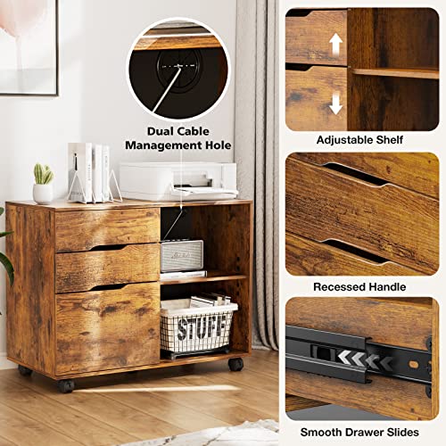 File Cabinet with 3 Drawers, Mobile Lateral Filing Cabinet with Open Storage Shelves for Home Office Under Desk Storage, Brown - color: Brown