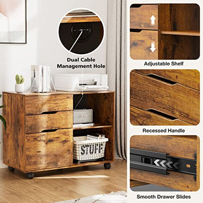 File Cabinet with 3 Drawers, Mobile Lateral Filing Cabinet with Open Storage Shelves for Home Office Under Desk Storage, Brown - color: Brown