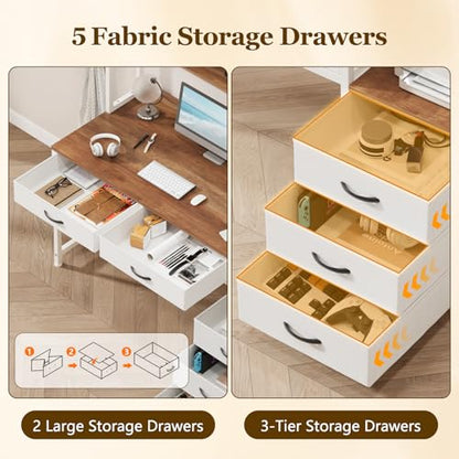 YOMILUVE 52" Computer Desk with Bookshelf, 5 Drawers ＆ Hutch for Bedroom | Office Desk with Printer Shelf, Study Writing Desk with Storage Shelves, Brown and White - color: Brown and White
