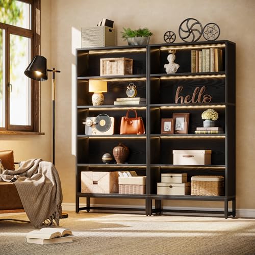 Tribesigns Tall Bookcase Black Bookshelf, 70.8” Large Bookcases Organizer with LED Lights, Heavy Duty Free-Standing Library Bookshelf with 5-Tier Storage Shelves for Living Room, Bedroom (Black) - color: Black