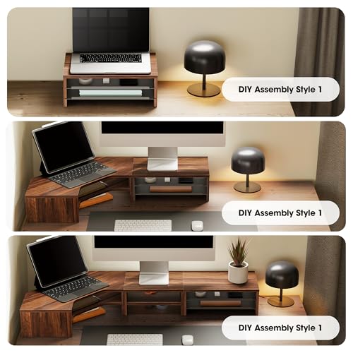 Fenge 14.3-Inch Monitor Stand with Slide-Out Trays, Wood & Metal Desk Shelf - color: Brown