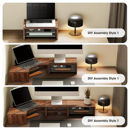 Fenge 14.3-Inch Monitor Stand with Slide-Out Trays, Wood & Metal Desk Shelf - color: Brown