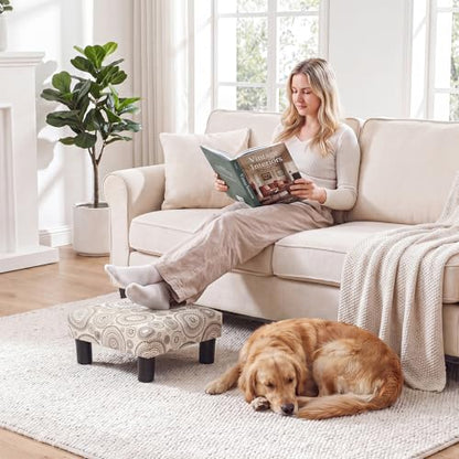 Joveco Small Foot Rest Stool Ottoman, Square Upholstered Fabric Footstool for Couch, Under Desk, Office, Living Room, Printing Beige - color: Printing Beige