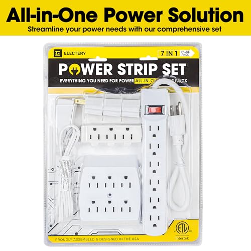7 Piece Power Value Pack Multi-Outlet Kit Set Includes 6 Outlet Power Strip, 6 Outlet Extender, 3 Outlet Extender, 5 Ft Indoor Extension Cord, 3 Pcs 3 to 2 Prong Adopters, White - color: White