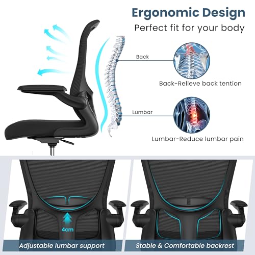 Drafting Chair, Tall Office Chair with Flip-up Armrests Executive Ergonomic Computer Standing Desk Chair, Office Drafting Chair with Lumbar Support and Adjustable Footrest Ring - color: Black