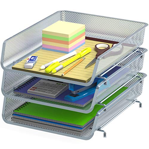 Simple Houseware Stackable Letter Tray Organizer, 3-Pack, Silver | Paper Tray for Desk File Documents or Office Supplies - color: Silver, size: Standard Entry