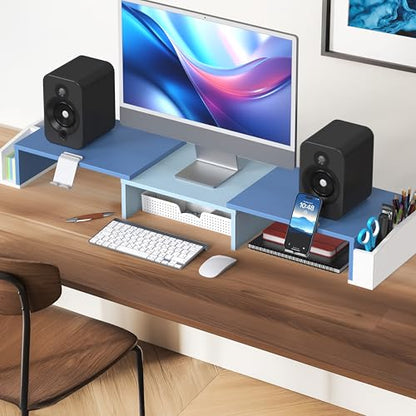 Simple Houseware Desk Dual Monitor Stand Riser with Drawer, Blue - color: Blue