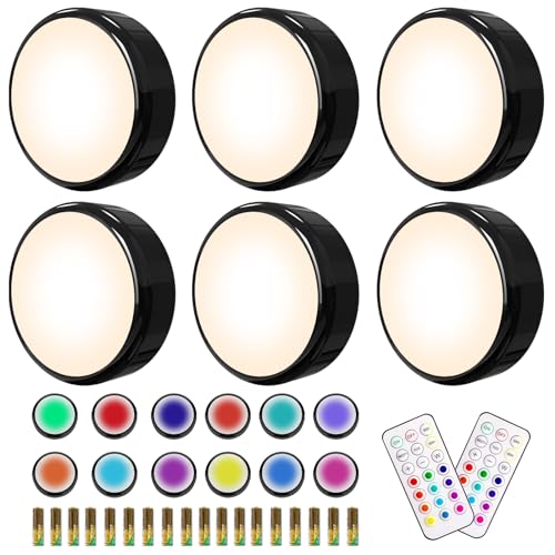 HELPLEX Puck Lights, 16 Colors Changeable Under Cabinet Lights Battery Powered Dimmable LED Puck lightings Under Counter Lights, with 2 Remote Controls, Timing Function, 18 AA Batteries - color: Black, size: 6 Pack With Battery