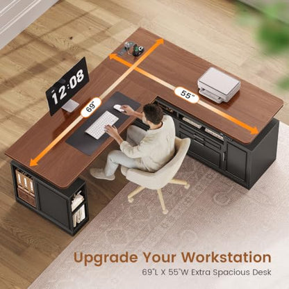 SEDETA Farmhouse L Shaped Executive Electric Standing Desk with 4 Drawers | 69" x 55" Height Adjustable Office Desk with Storage Shelves, Power Outlet, Sit Stand Computer Desk, Black and Brown - color: Black and Brown