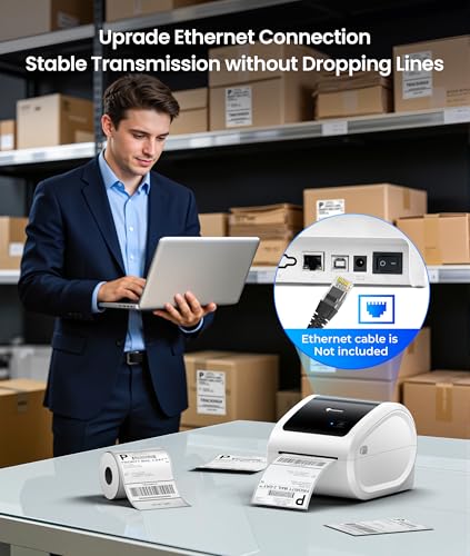Phomemo 4x6 Shipping Label Printer 300DPI with 500 Labels | D530Pro Ethernet Label Printer，Bluetooth and USB Connection, Built-in Paper Bin, for Small Business, Online Sellers - color: White