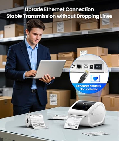 Phomemo 4x6 Shipping Label Printer 300DPI with 500 Labels | D530Pro Ethernet Label Printer，Bluetooth and USB Connection, Built-in Paper Bin, for Small Business, Online Sellers - color: White