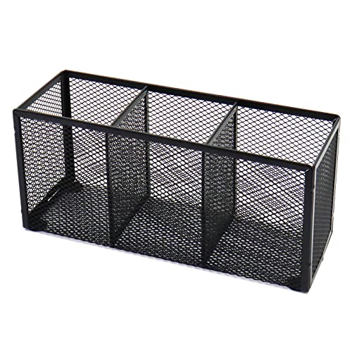 Black Mesh Pen Pencil Holder, Small Metal Desk Organizer Desktop Stationery Office Supplies Acessories Storage Stand, 3 Compartments Brushes Holder for Home School Classroom Teachers - size: 3 Grids