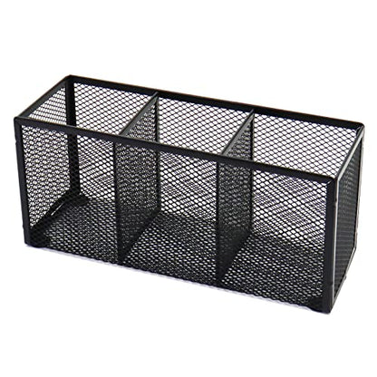 Black Mesh Pen Pencil Holder, Small Metal Desk Organizer Desktop Stationery Office Supplies Acessories Storage Stand, 3 Compartments Brushes Holder for Home School Classroom Teachers - size: 3 Grids