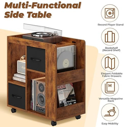 Yaheetech Narrow End Table Storage Drawer Rolling Shelves, Rustic Brown | Open Shelves | Magazine Rack | Rolling Wheels | Wooden Construction | Living Room & Bedroom - color: Rustic Brown