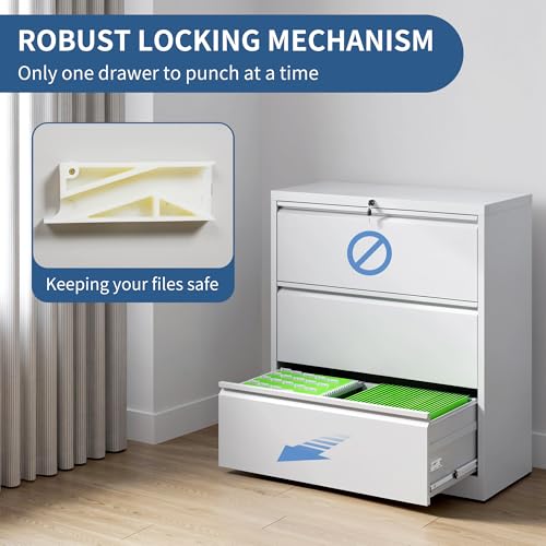 3 Drawer File Cabinet with Lock, Metal Lateral Filing Cabinets - color: White, size: 3 Drawer_ 26"W