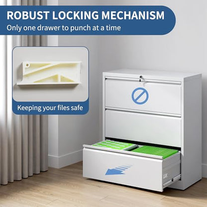 3 Drawer File Cabinet with Lock, Metal Lateral Filing Cabinets - color: White, size: 3 Drawer_ 26"W