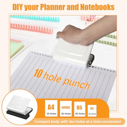 10 Hole Punch Binding Machine for Planners with 10 Multi-Color Binder Rings | 30 Holes on A4, 20 Holes on A5, 26 Holes on B5, 10 Sheet Capacity (White) - color: White