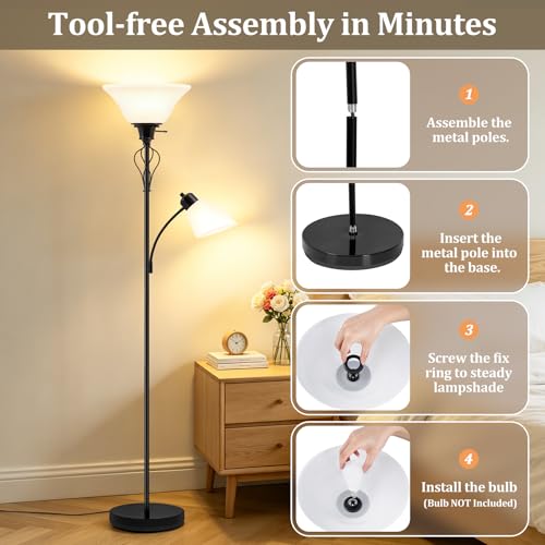 Floor Lamps for Living Room, 70" Tall Torchiere Floor Lamps, Plastic Shade | Tall Lamp with Adjustable Gooseneck Reading Light, Modern Corner Standing Lamp for Bedroom, Office, Separate On/Off Switch - color: Glossy Black
