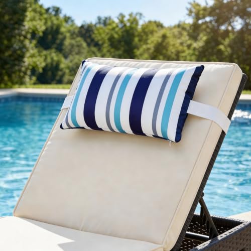 2 Pcs Outdoor Headrest Pillow for Patio Chaise Lounge 11"x16" | Navy Blue Striped Waterproof Pillows with Insert Adjustable Elastic Strap, Chair Head Resting Pillow for Recliner Beach Pool - color: Navy Blue Striped