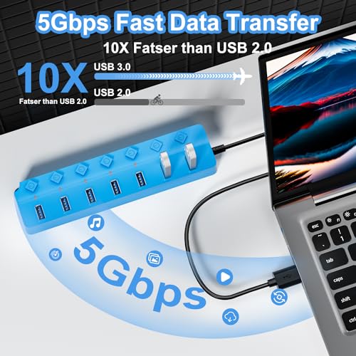 USB Hub 7 Port, USB Splitter with Individual On/Off Switches and Lights - color: Blue