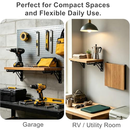 10 Inch Folding Shelf Brackets, Heavy Duty Wall Mounted Collapsible Metal Shelf Bracket, Black Folding Table Brackets for Workbench, Kitchen, Living Room, Bedroom, Study, 2 Pack - size: 10 Inch