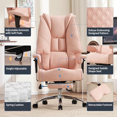 EXCEBET Big and Tall Office Chair 400lbs Wide Seat, Leather High Back Executive Office Chair with Foot Rest, Ergonomic Chairs Lumbar Support for Lower Back Pain Relief (Light Pink) - color: Light Pink
