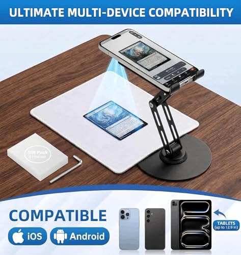 Card Scanner TCG, Foldable Trading Card Scanner Setup & Trading Card Stand - Carbon Steel Phone Mount for Quick Price Check, Includes Pad & 100PC Sleeves, Compatible with MTG
