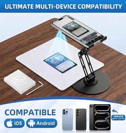 Card Scanner TCG, Foldable Trading Card Scanner Setup & Trading Card Stand - Carbon Steel Phone Mount for Quick Price Check, Includes Pad & 100PC Sleeves, Compatible with MTG