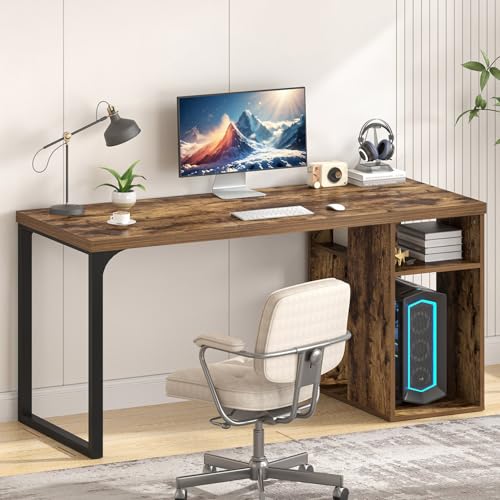 EXCEFUR Computer Desk for Home Office, Modern Writing Desk with Reversible Storage Shelves, Wood and Metal Gaming Study Table Workstations, 53 Inch, Rustic Brown - color: Brown